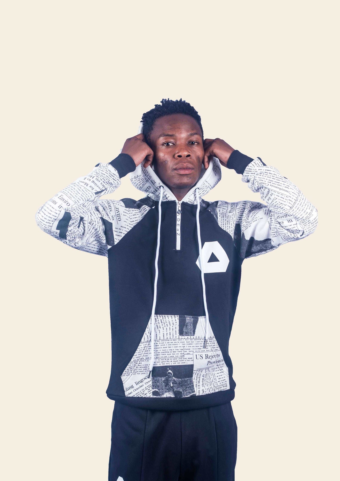 Man's paper track hoodie by adeaz brand, model; Omali Themba