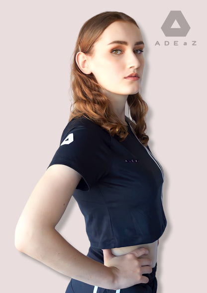 Crop top featuring a crew neckline and short sleeves, in blue