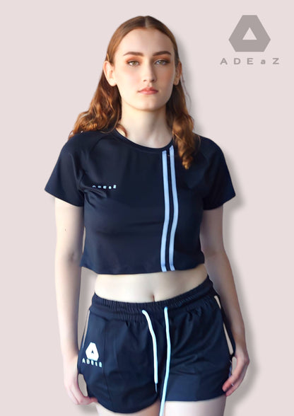 Crop top featuring a crew neckline and short sleeves, in blue