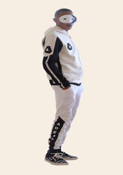 Men's casual hoodie in black and white with front zipper and comfortable fit.